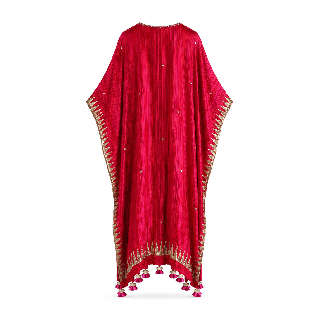 Fuchsia Block printed Kaftaan With Tassels