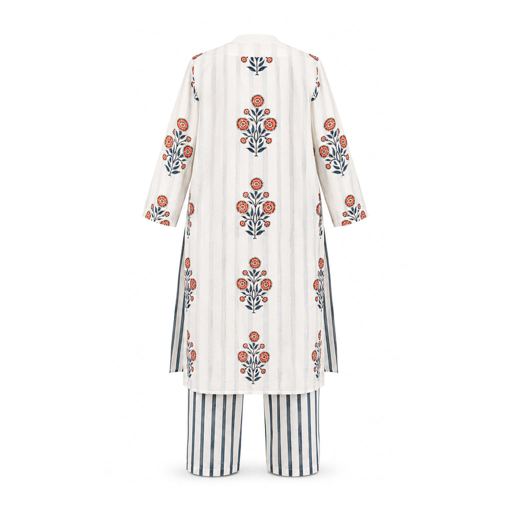 White & Stripe Block Printed Suit Set