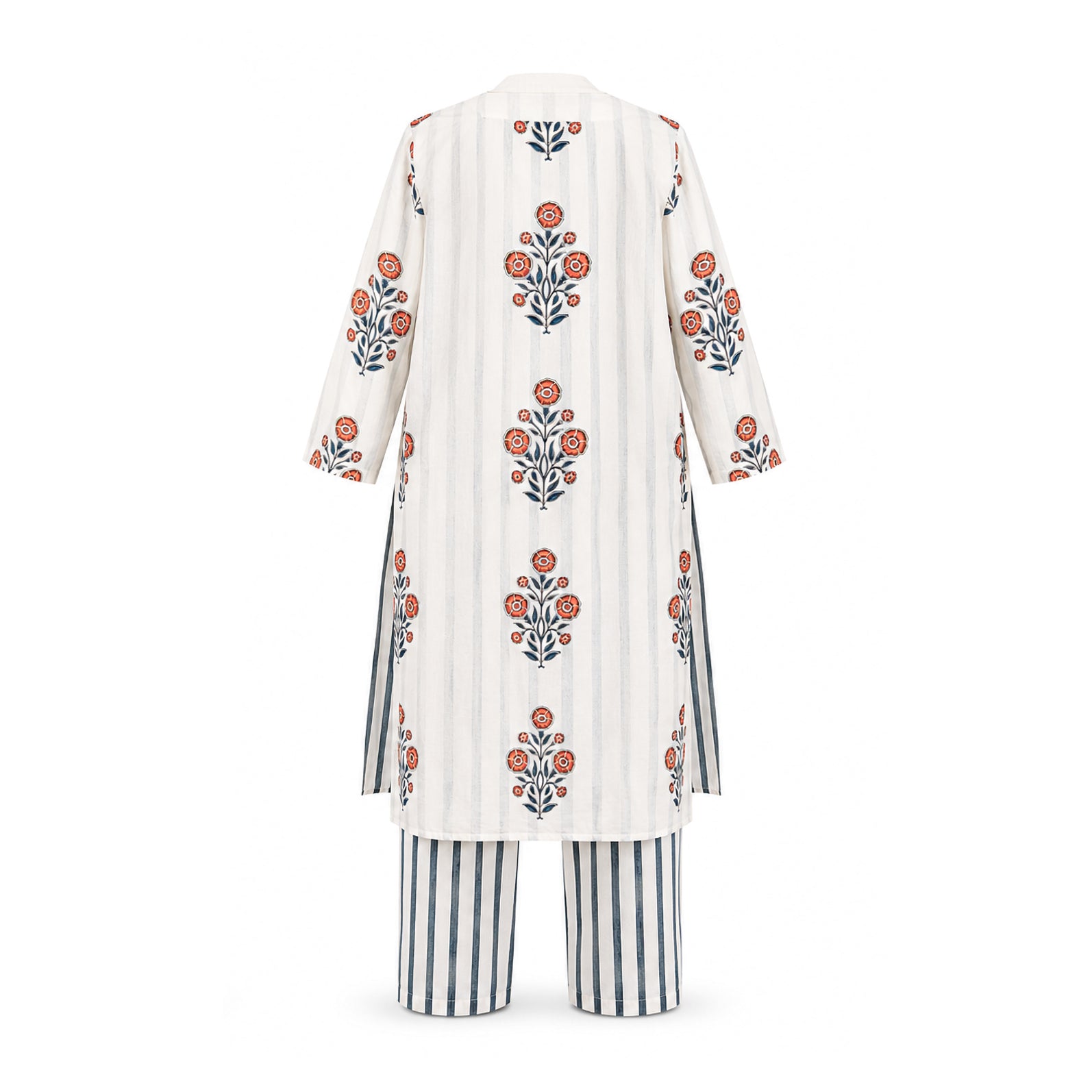 White & Stripe Block Printed Suit Set