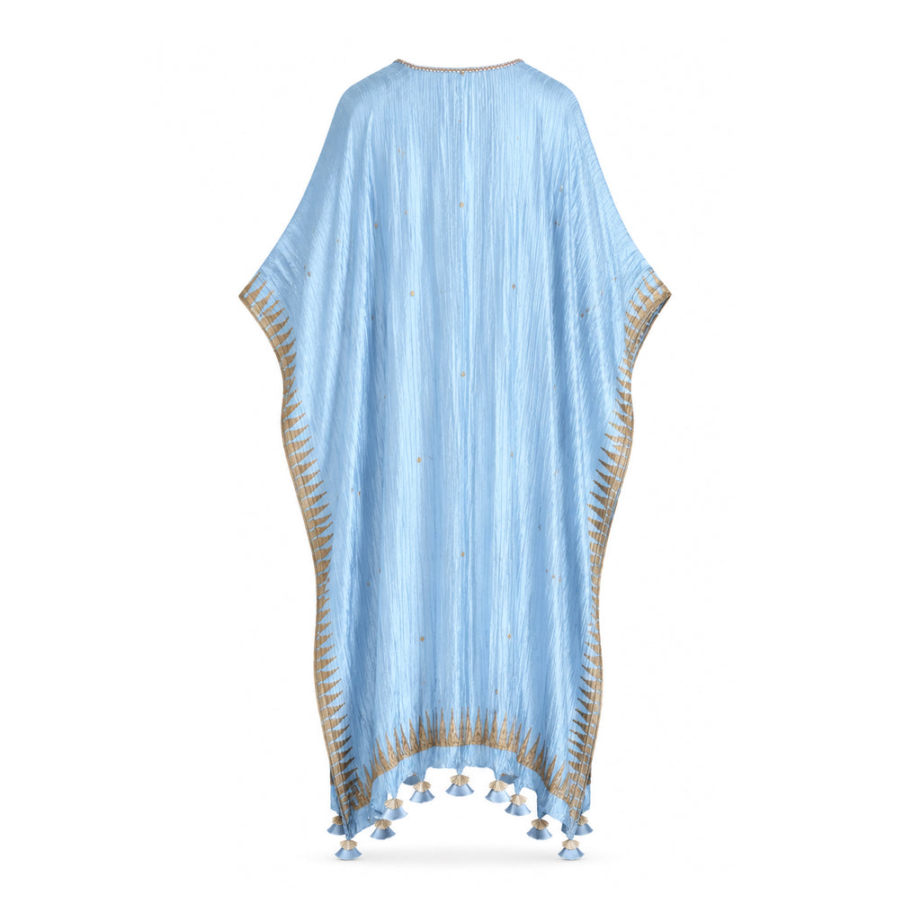 Blue silk Block printed Kaftaan With Tassels