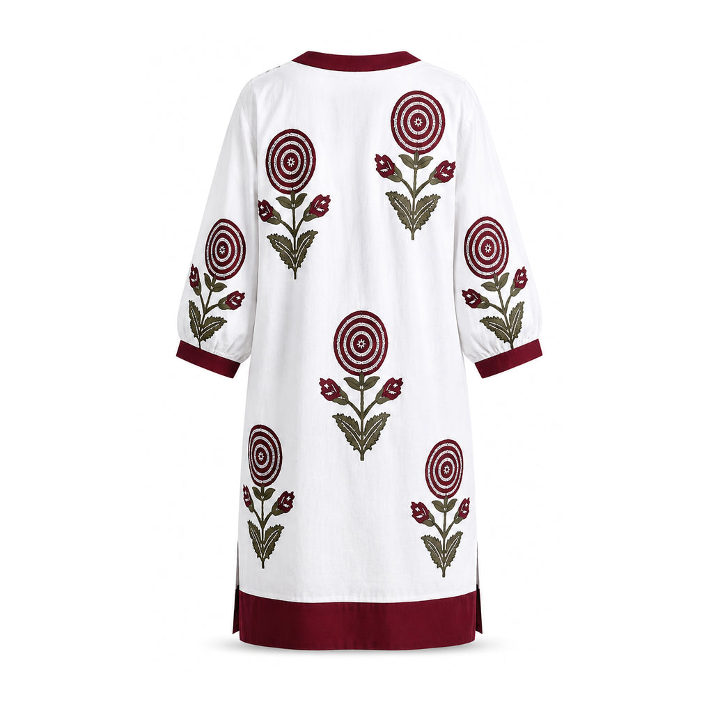 White & Red Motif Block Printed Dress