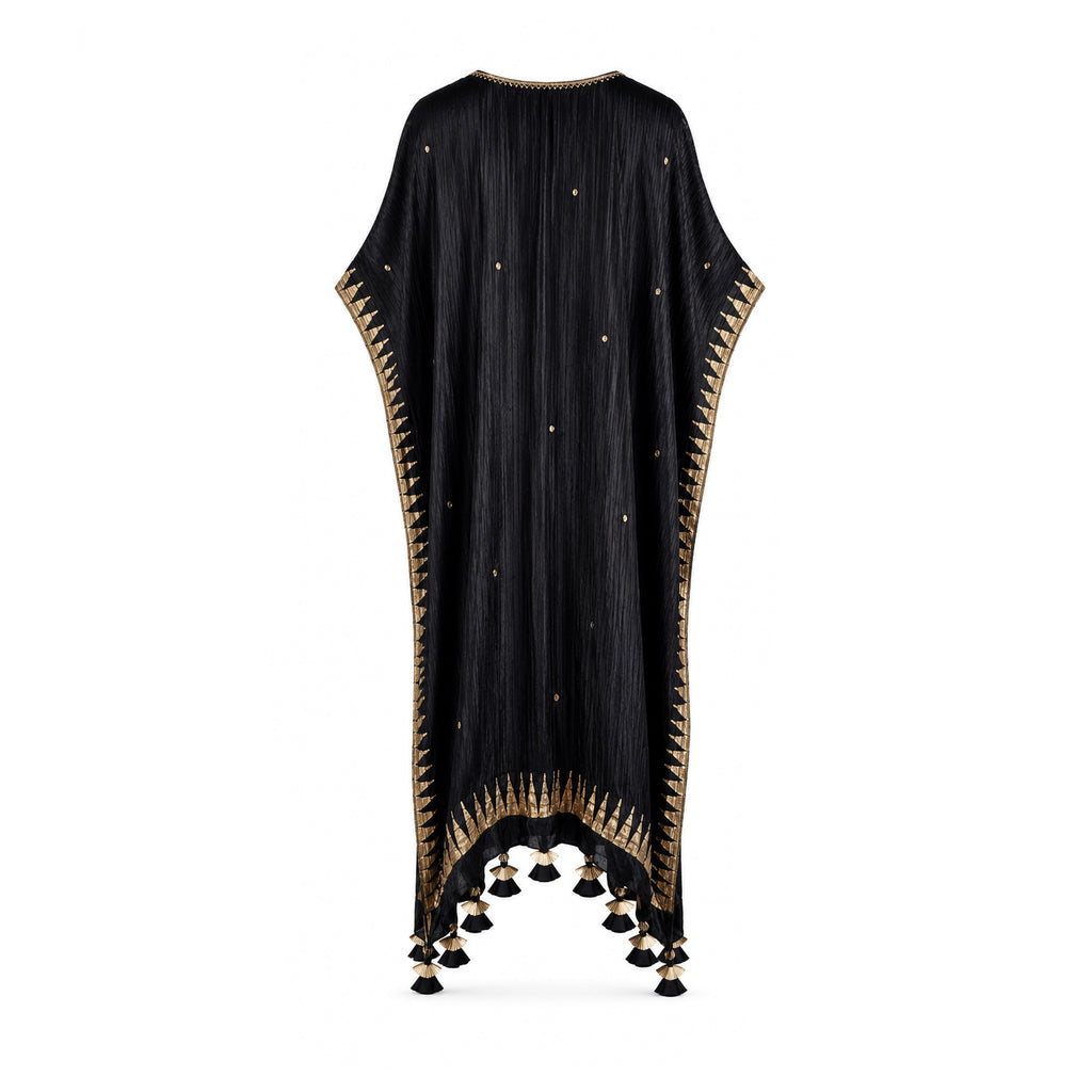 Black free size block printed Kaftaan with tassels