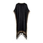 Black free size block printed Kaftaan with tassels