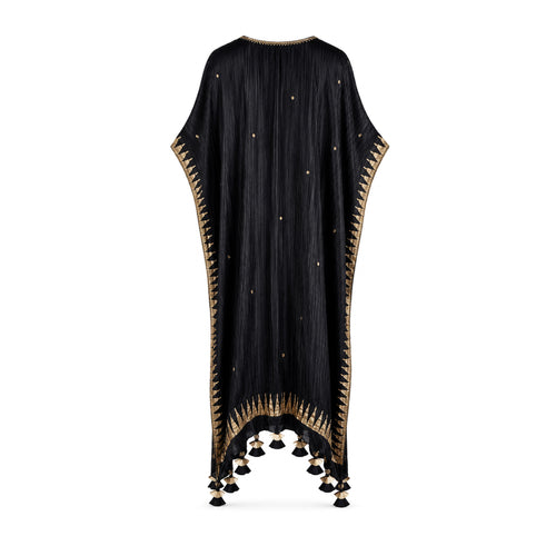 Black free size block printed Kaftaan with tassels