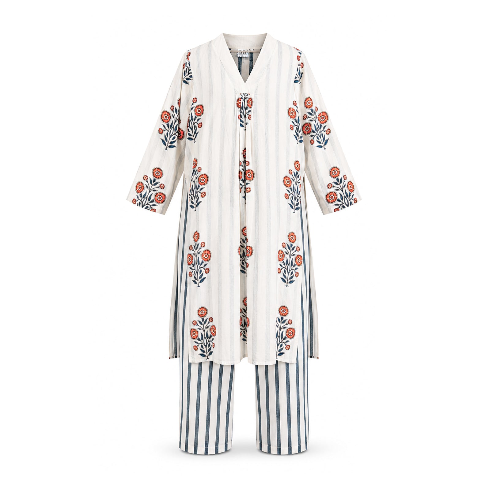 White & Stripe Block Printed Suit Set