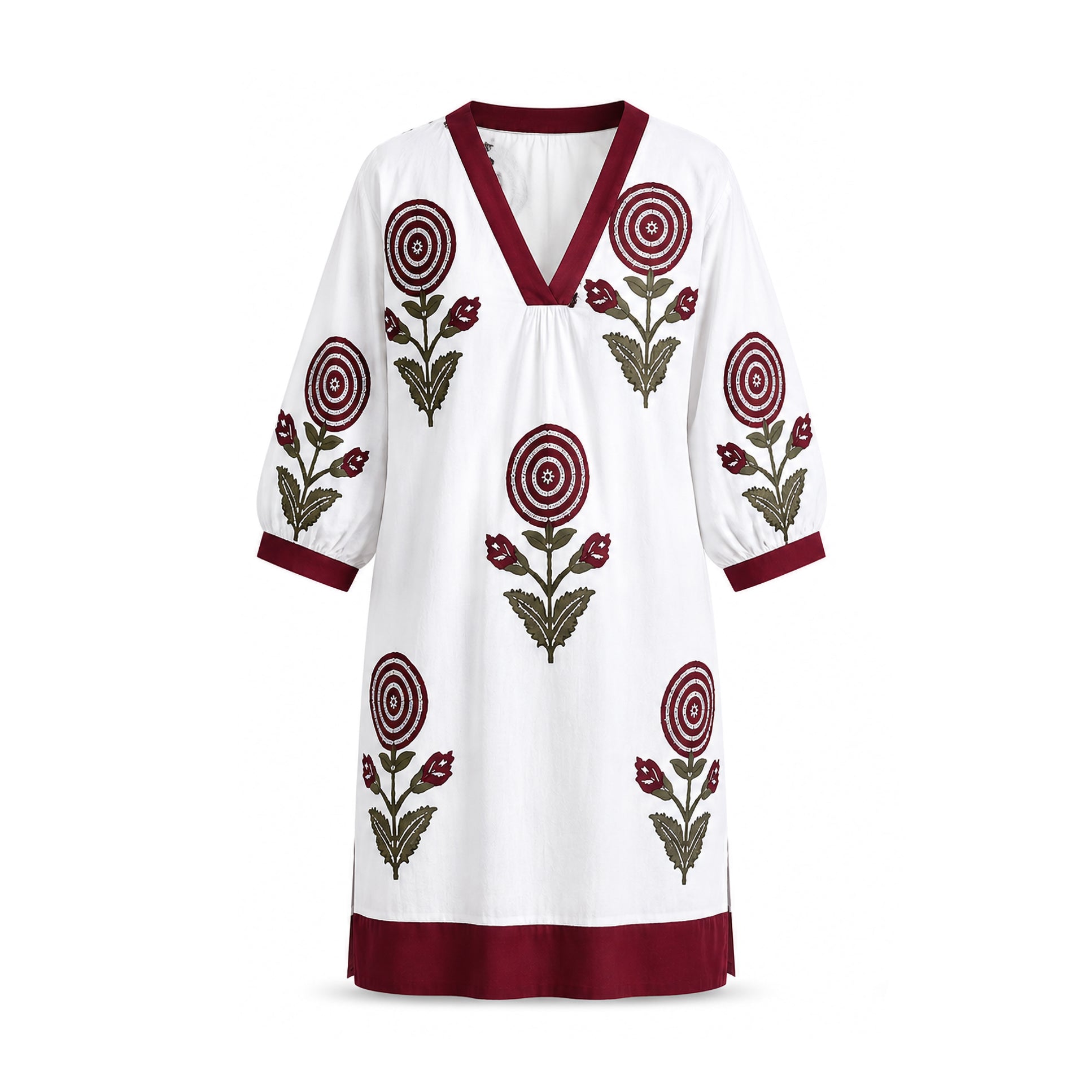 White & Red Motif Block Printed Dress