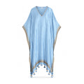 Blue silk Block printed Kaftaan With Tassels