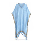 Blue silk Block printed Kaftaan With Tassels