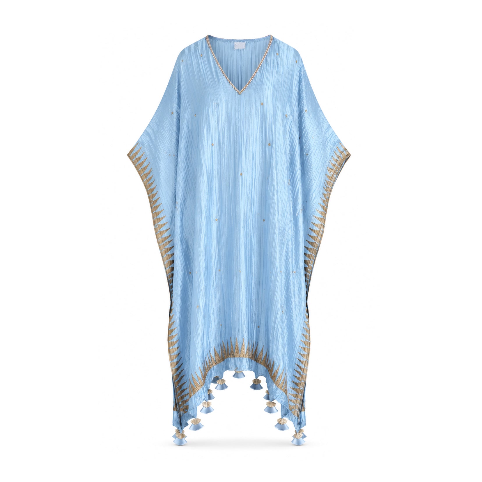 Blue silk Block printed Kaftaan With Tassels