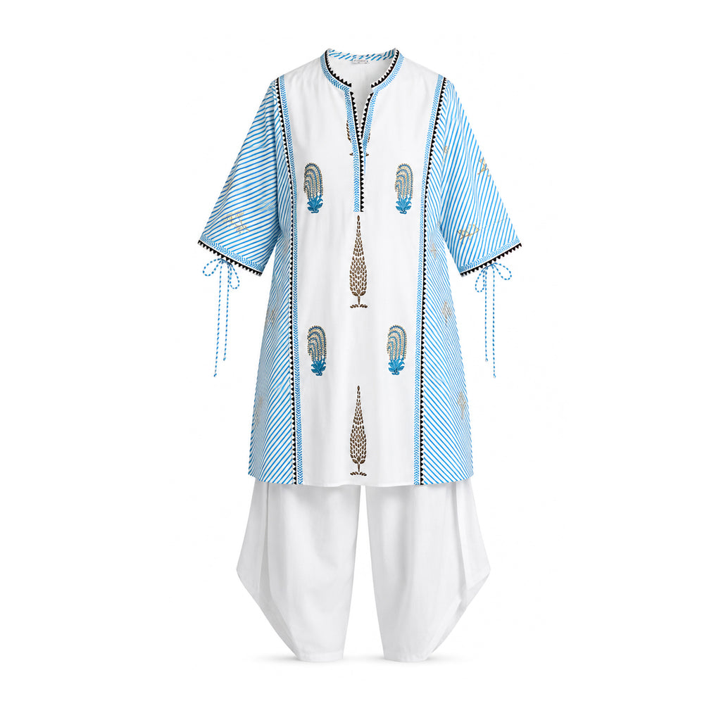 White & Blue Mughal Block Printed Set
