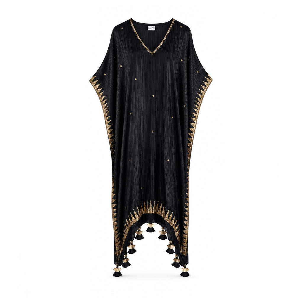 Black free size block printed Kaftaan with tassels