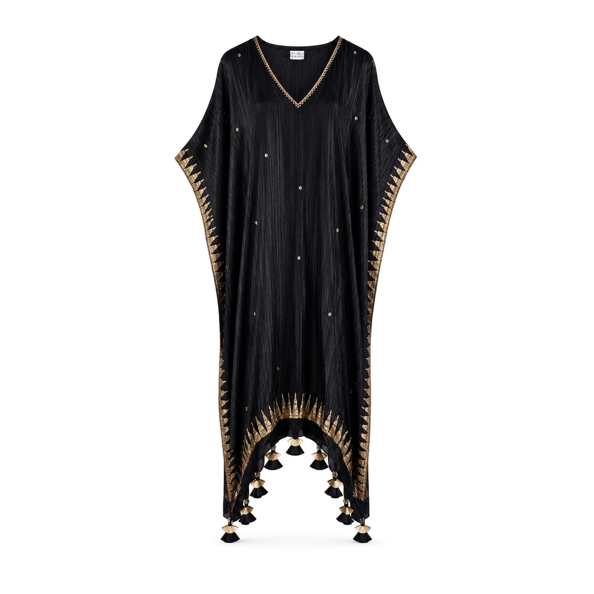 Black free size block printed Kaftaan with tassels